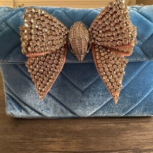 Kurt Geiger Blue Velvet Clutch with Rhinestone Bow
